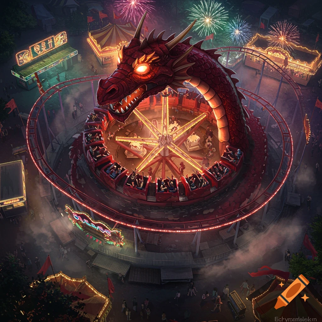 An aerial view of a huge red dragon-themed rollercoaster with loops at a night carnival, lit by glowing lights and fireworks in the sky.