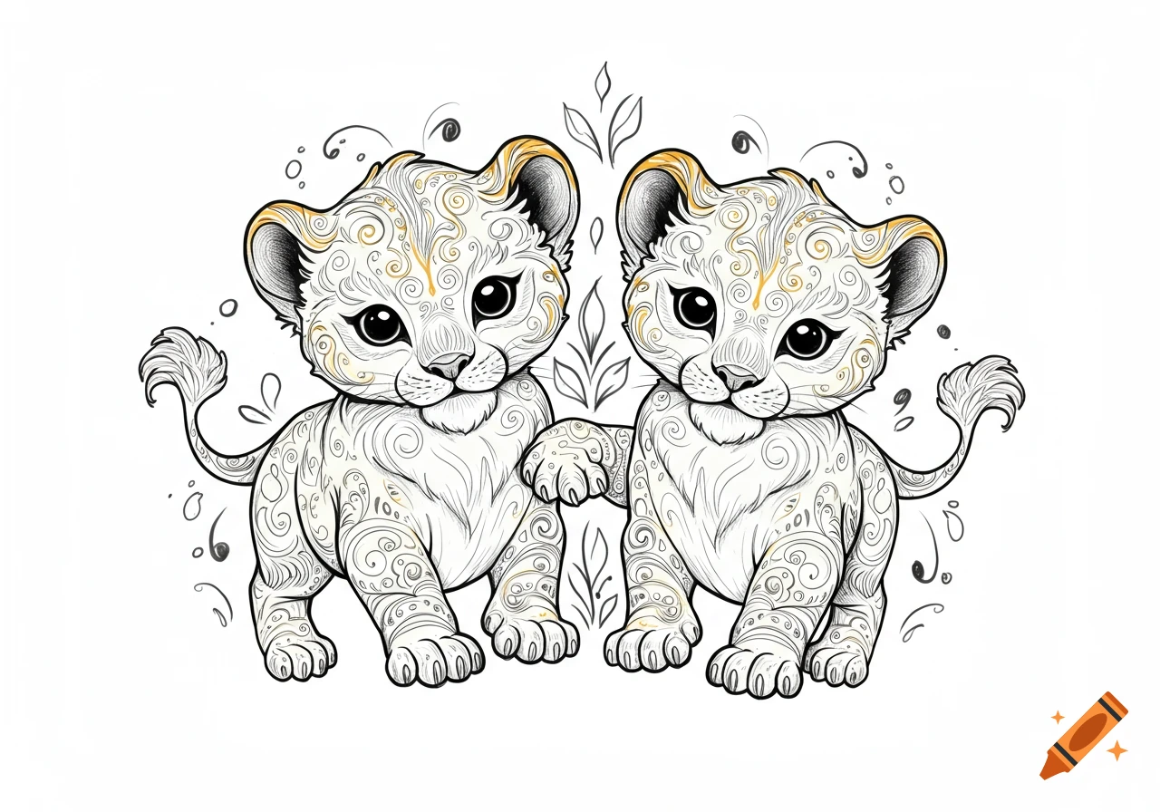 Two cute lion cubs in black outline tattoo lineart with intricate swirling patterns and gold accents, on a white background.