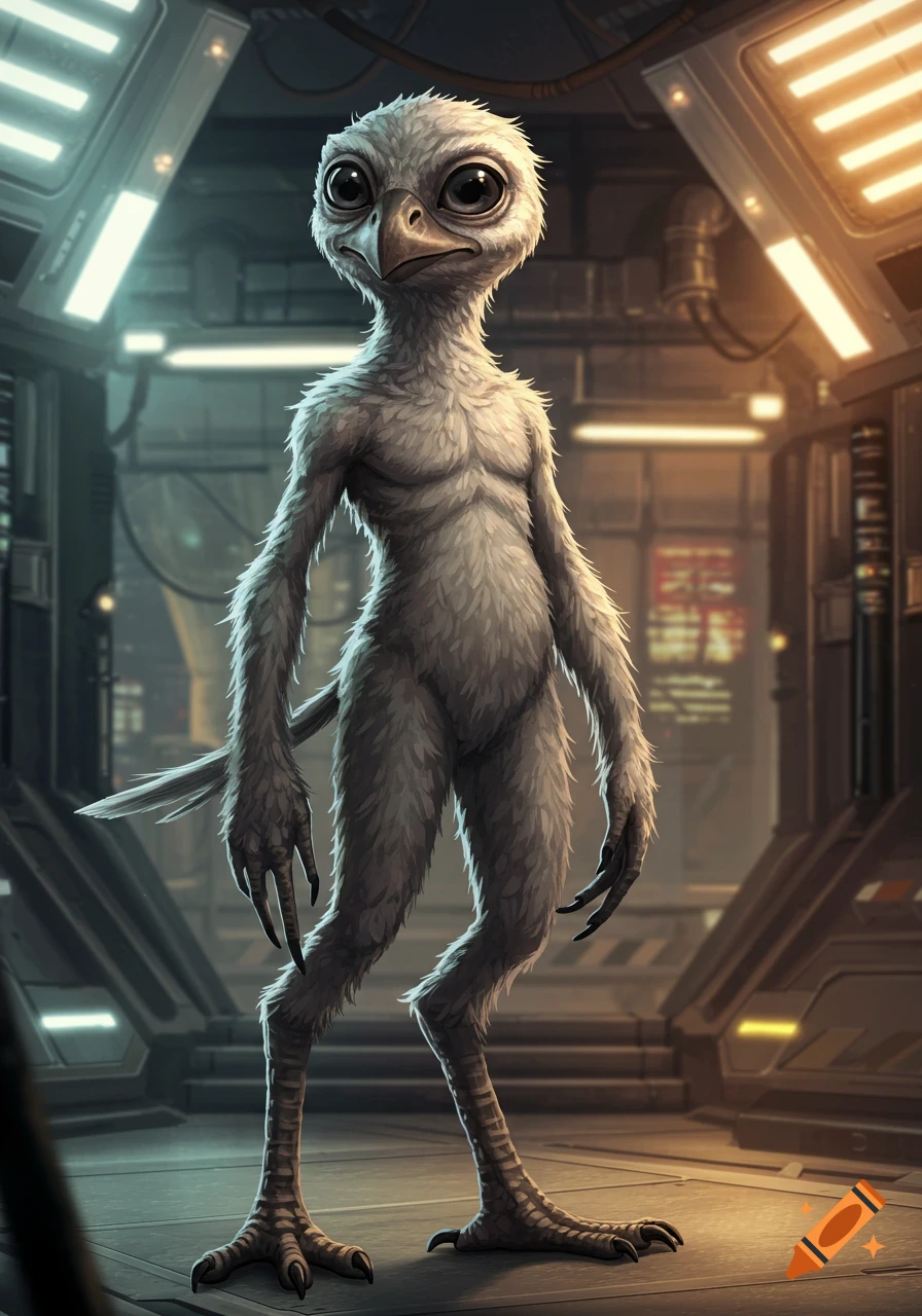 A tall, feathered bipedal alien creature with large eyes and talons stands in an industrial sci-fi setting.
