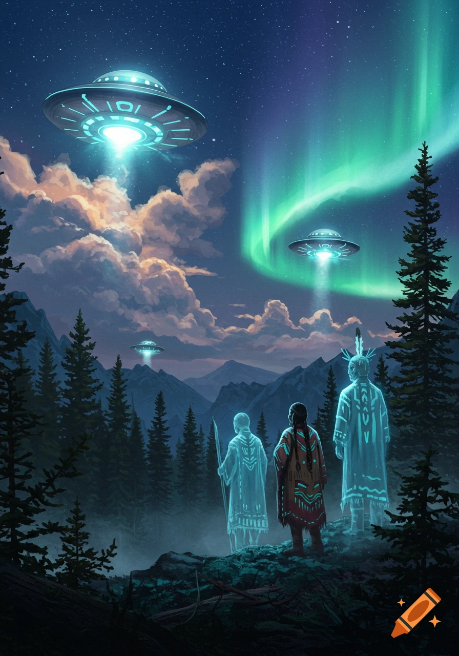 Indigenous figures watch three UFOs and the aurora borealis illuminate a mountain forest at night, digital art.