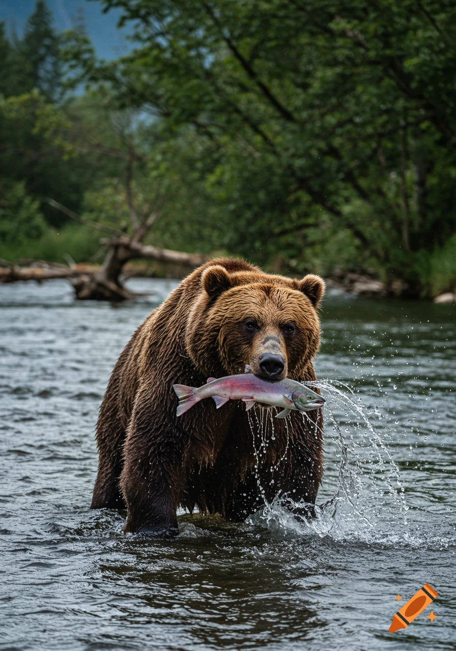 A photorealistic image of a brown bear standing in a river, holding a pink salmon in its mouth with water splashing around.