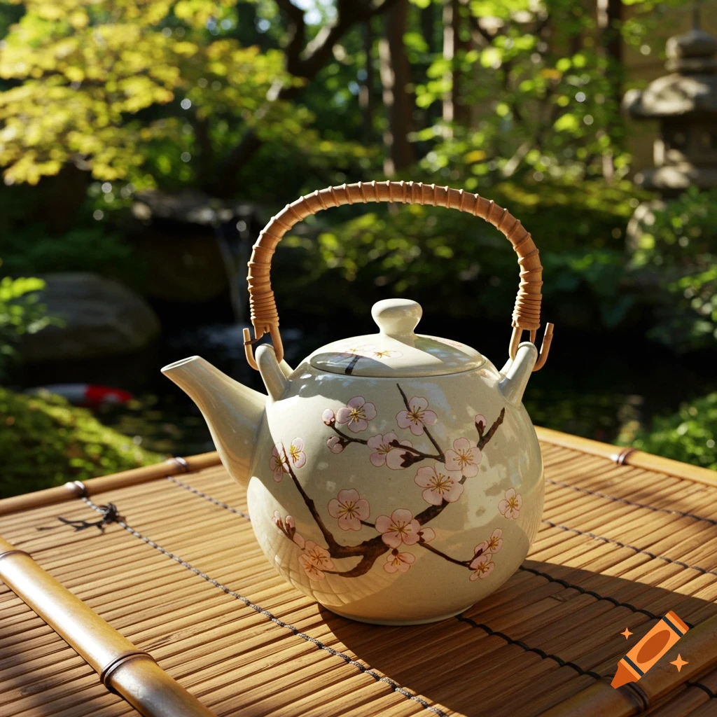 A cream ceramic teapot with pink cherry blossom design and a bamboo handle sits on a bamboo mat in a sunlit Japanese garden.