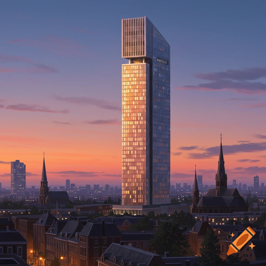 A modern skyscraper with reflective windows glows orange at sunset, towering over a city with older buildings and church spires.