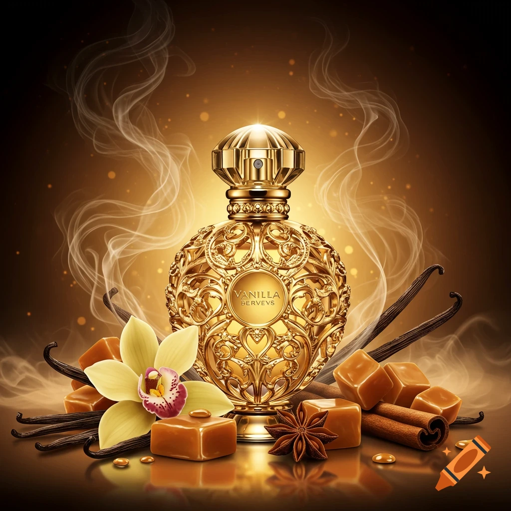 Ornate golden perfume bottle surrounded by vanilla beans, orchid, caramel, cinnamon, and star anise against a smoky golden background.