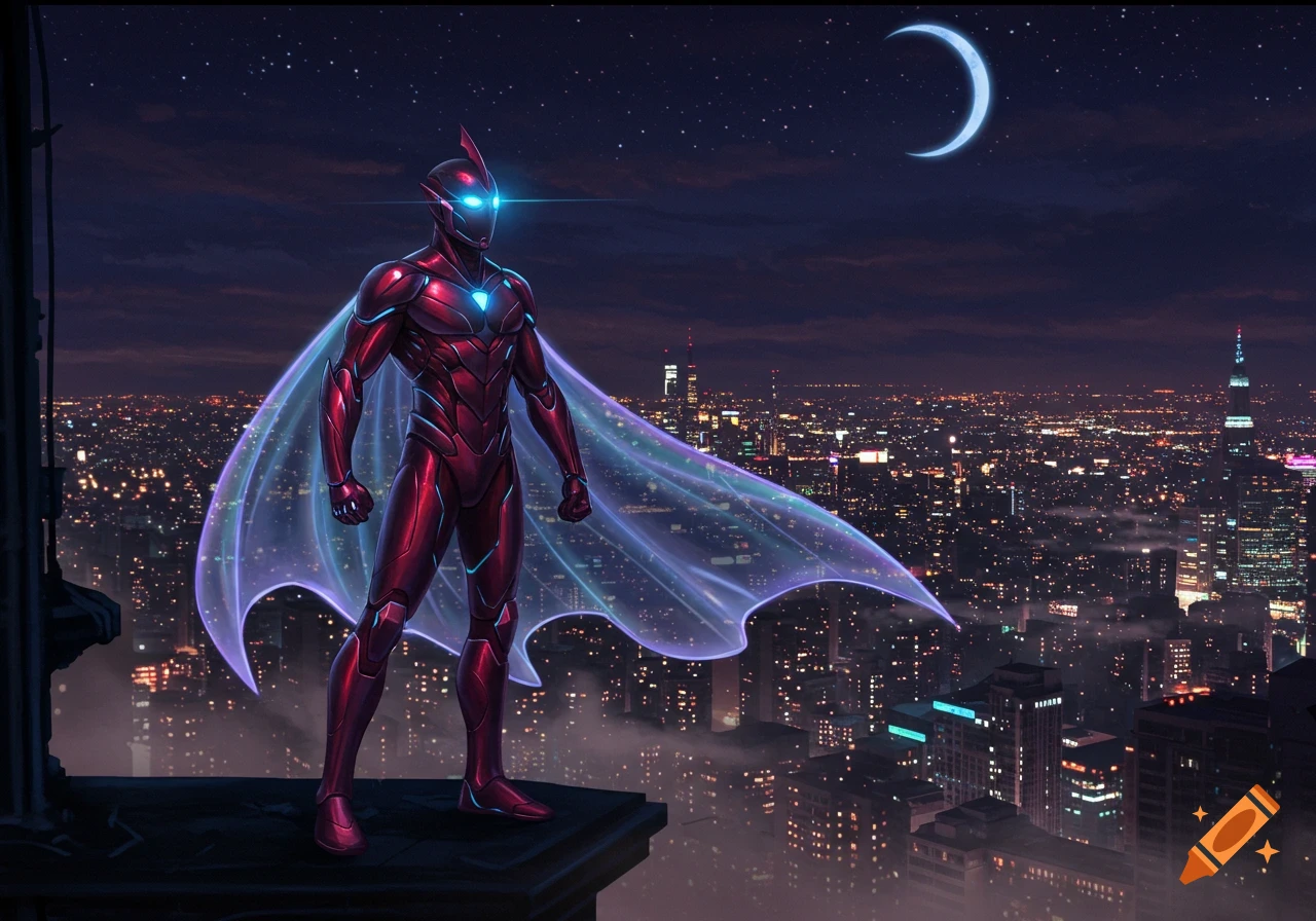 A red and blue armored superhero with a glowing visor stands on a rooftop overlooking a sprawling city at night under a crescent moon.