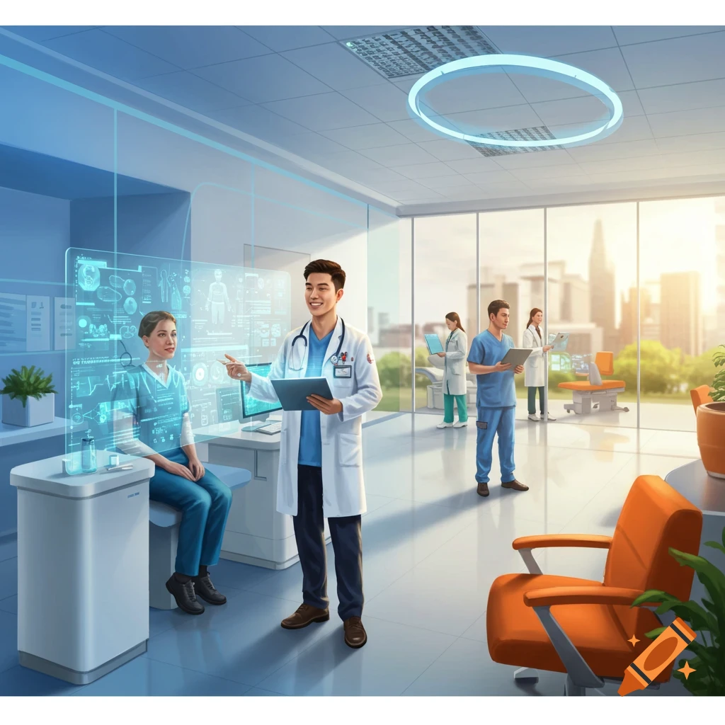 A smiling male doctor in a white coat points to a translucent holographic screen displaying medical data, consulting with a seated female patient in a modern, bright clinic with other medical staff and large windows overlooking a city.