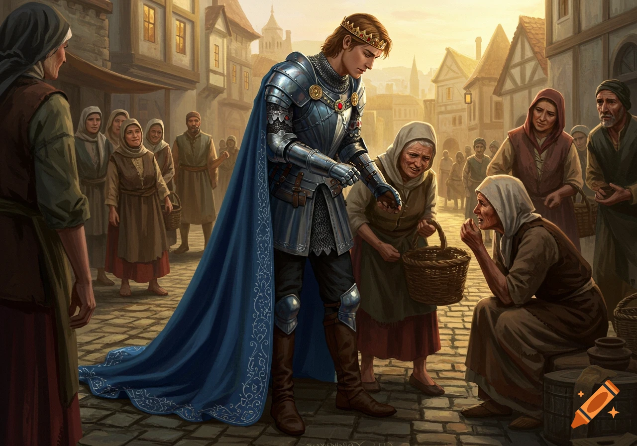 A medieval prince in shining armor and a blue cape gives alms to poor villagers on a bustling street at sunset, digital painting.