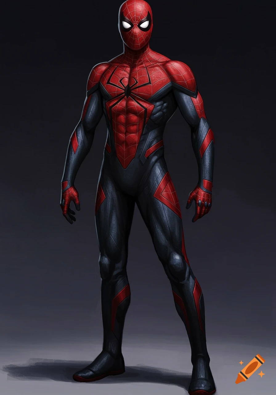 A full-body illustration of a muscular Spider-Man-like character in a red and black suit with textured, uneven web patterns.