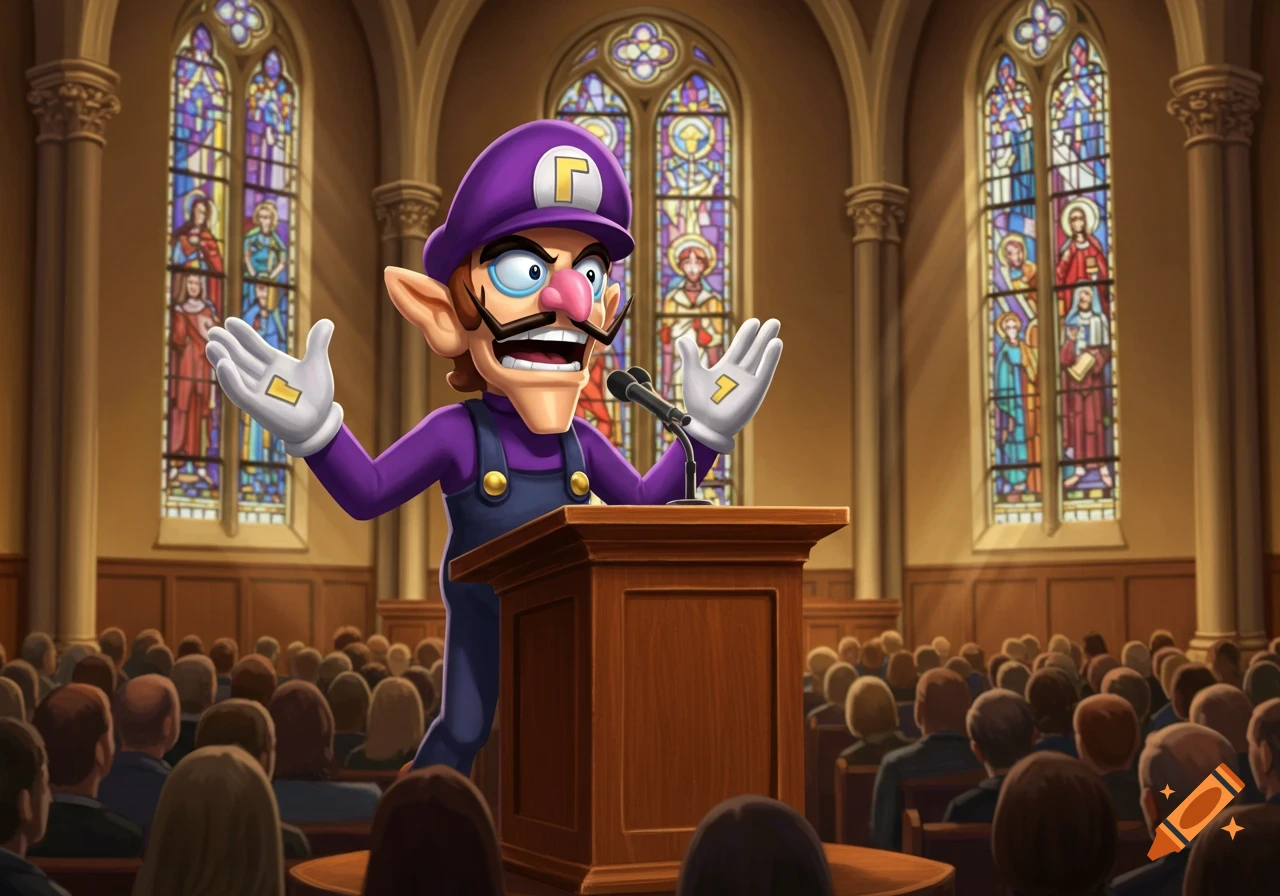 Waluigi, a cartoon character, speaks at a podium in a church with stained glass windows to an audience.