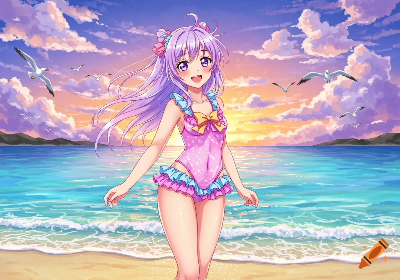 Anime girl in a pink swimsuit stands on a sandy beach with blue ocean and a vibrant sunset sky with clouds and seagulls.