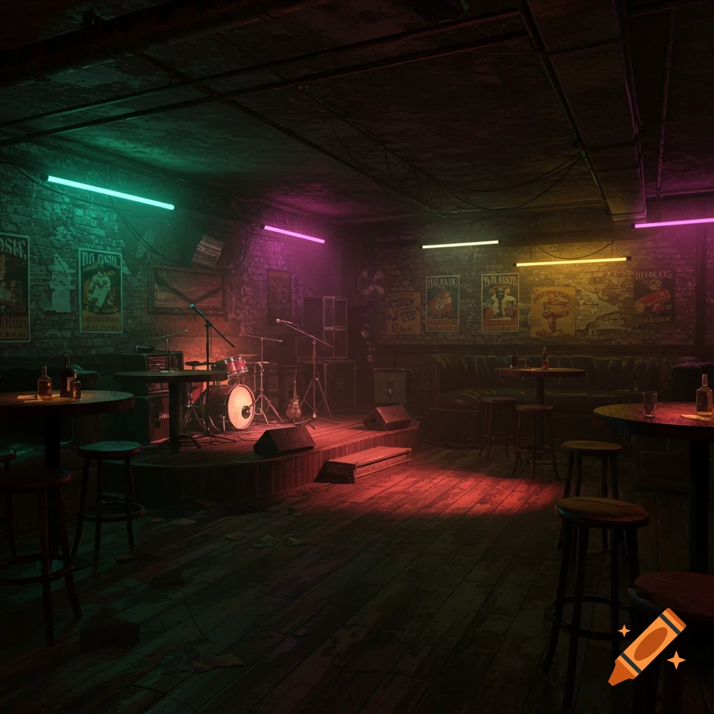 A dimly lit, atmospheric basement pub with a low stage featuring a drum kit and microphones, surrounded by tables, stools, and brick walls adorned with faded posters and neon lights in green, pink, and yellow.