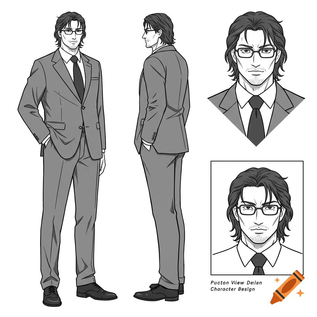 Monochrome manga character sheet of a tall, broad-shouldered man in a suit, with front, side, and headshot views.