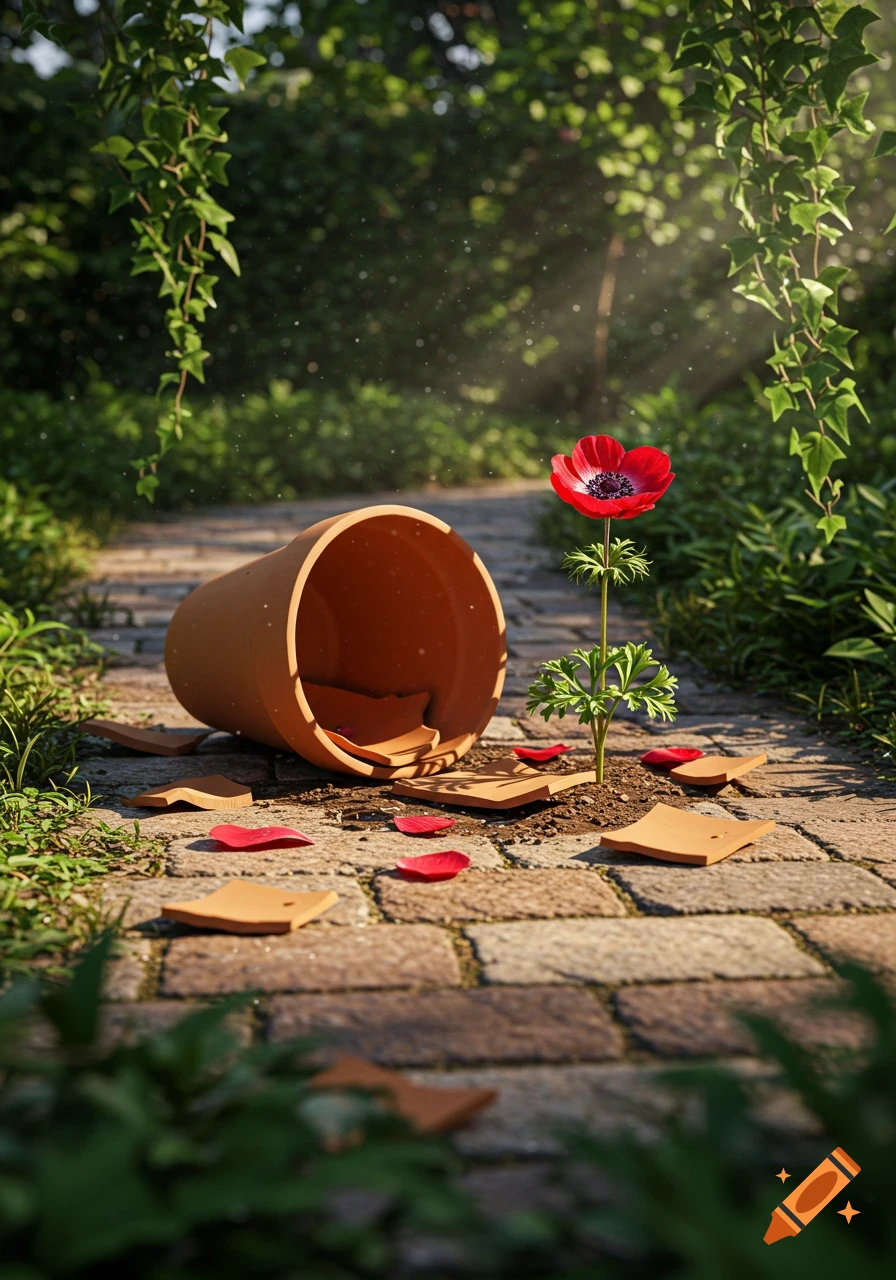 A red flower grows from the ground next to an overturned, broken terracotta pot on a brick path in a sunlit garden.
