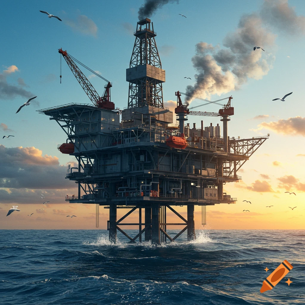 Photorealistic image of a large industrial oil platform in the ocean at sunset, with smoke rising and seagulls flying.