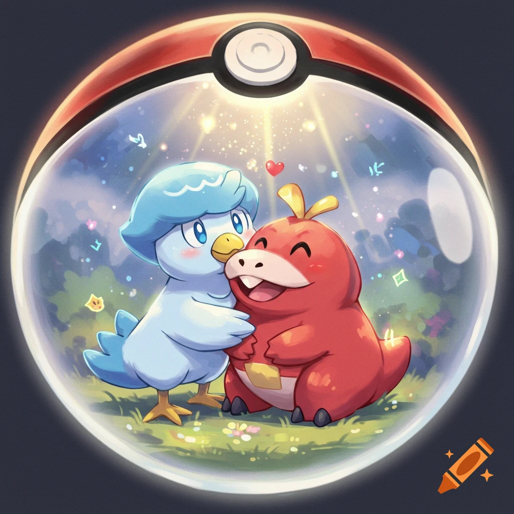Quaxly hugging Fuecoco inside a transparent Pokeball with a sparkling, starry background.