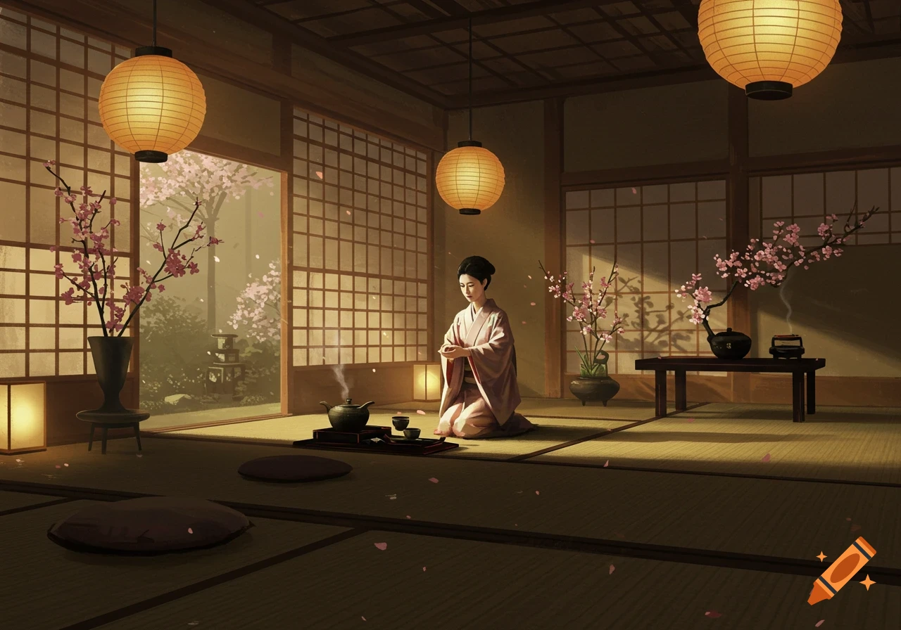 A woman in a kimono performs a tea ceremony in a traditional Japanese room with shoji screens, paper lanterns, and cherry blossoms.