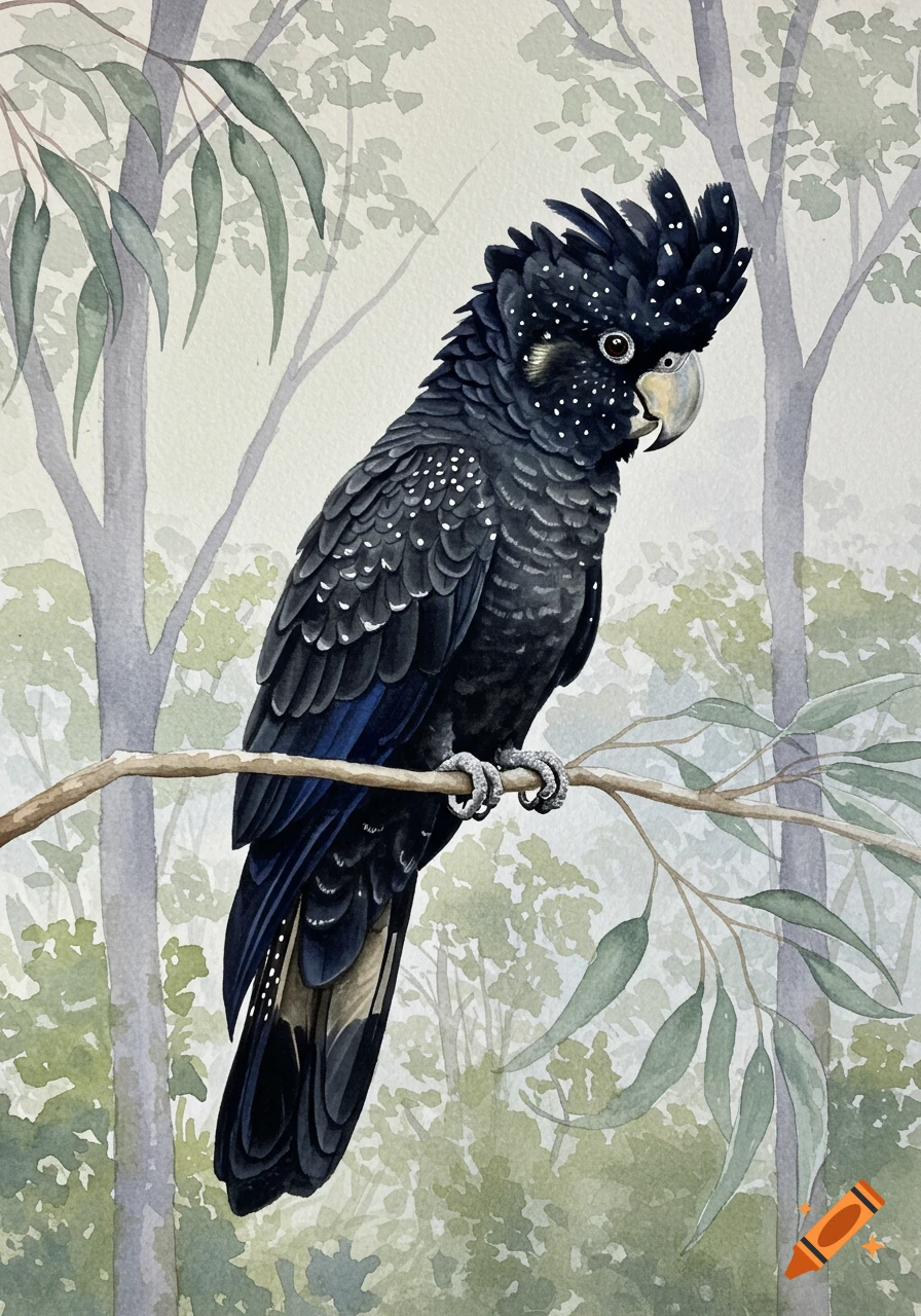 A watercolor painting of a black cockatoo with white spots perched on a branch amidst eucalyptus trees.