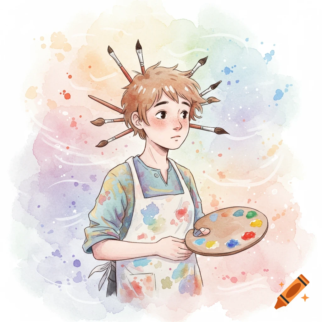 Watercolor illustration of an artist with paintbrushes in their hair, holding a palette, surrounded by colorful splashes.