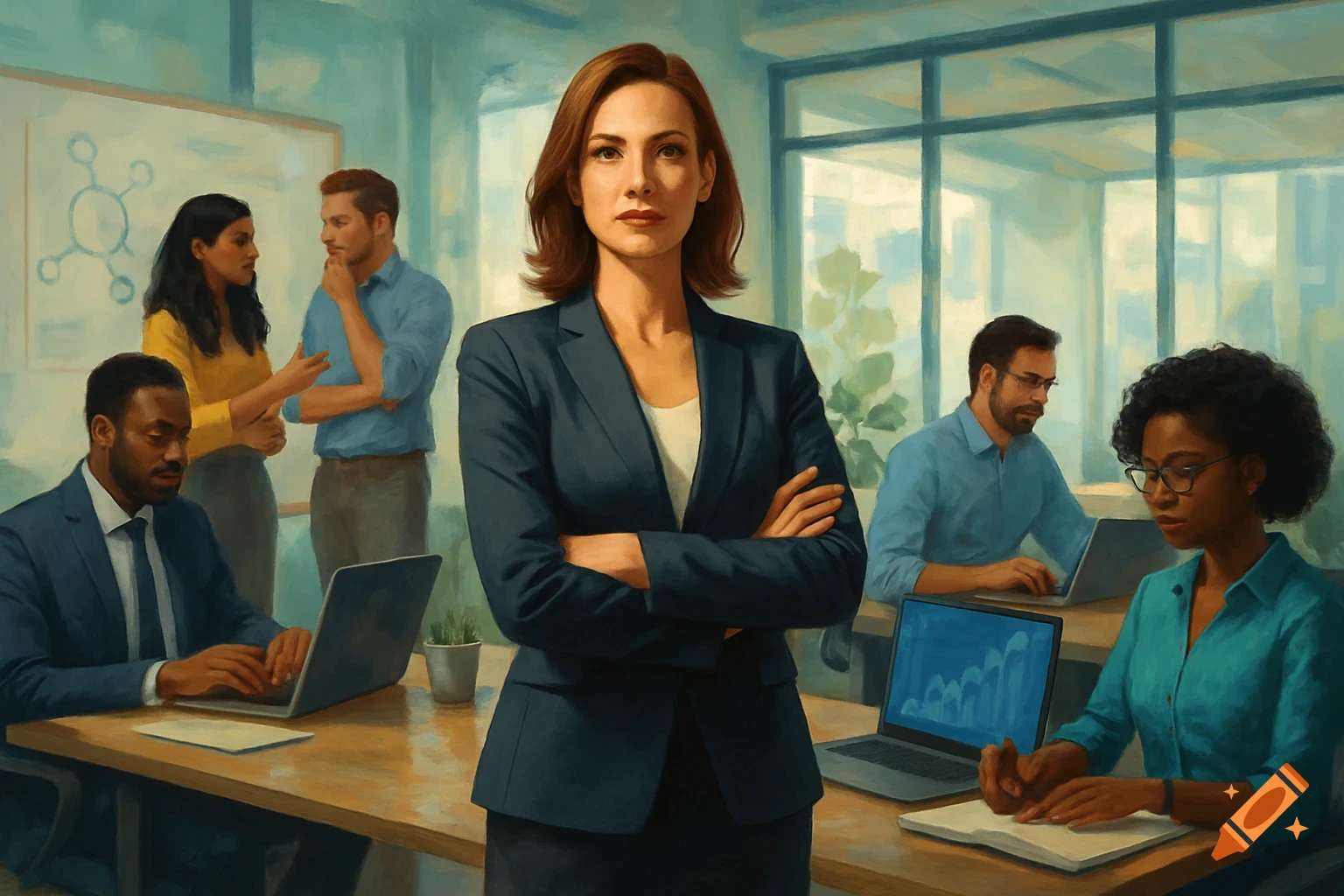A confident woman in a dark suit stands with crossed arms in a painterly-style office. Diverse colleagues work on laptops and converse around her.
