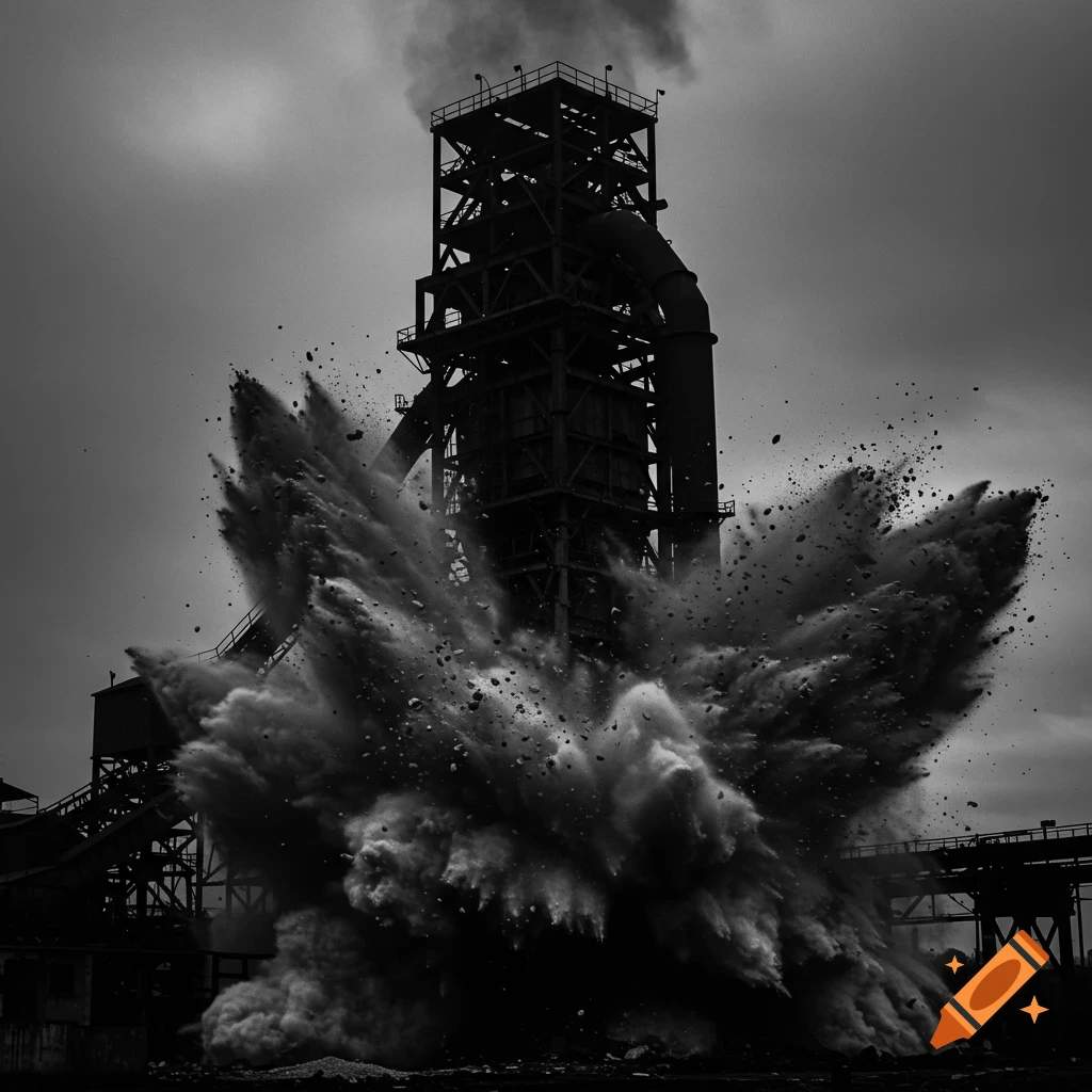 Black and white photorealistic image of a blast furnace during a powerful demolition explosion, with dust and debris flying.