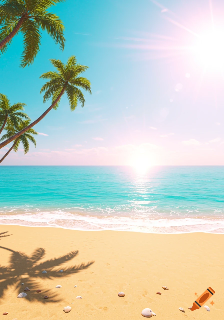 A vibrant tropical beach scene with palm trees, turquoise ocean, and a sandy shore under a bright sun with a pinkish sky.