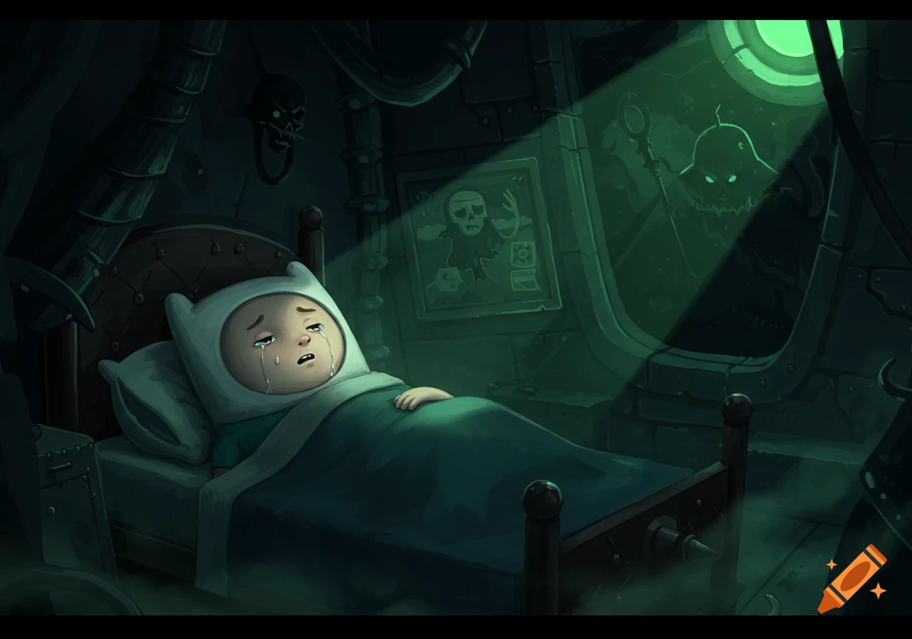 Finn Mertens from Adventure Time cries in bed in a dark, gloomy cell, with a ghostly figure visible outside a window.