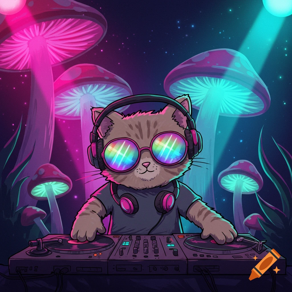 A cartoon cat DJ with rainbow sunglasses and headphones, mixing music on turntables. Bright neon mushrooms and stars light the background.