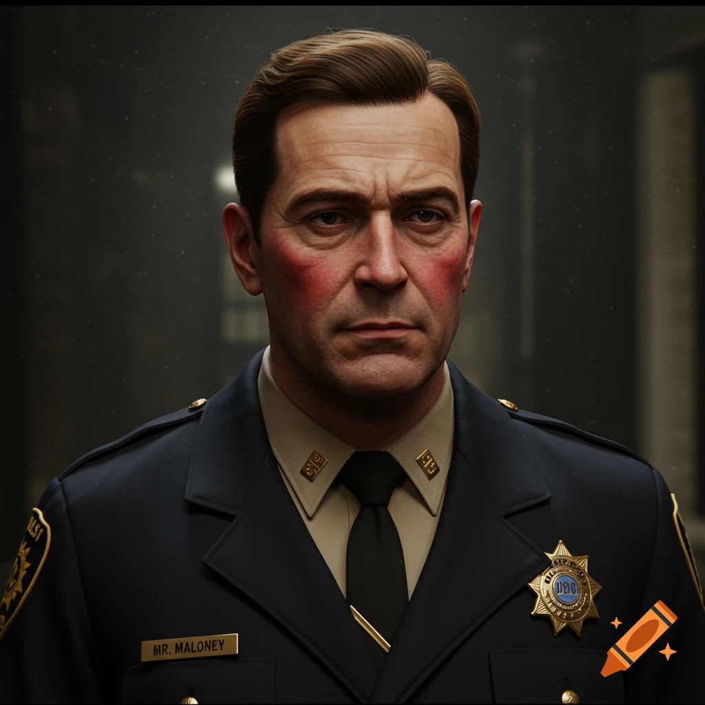 Photorealistic portrait of a serious middle-aged man in a 1950s police uniform with a name tag reading "MR. MALONEY".