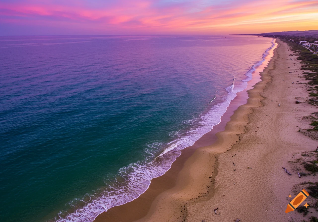 Aerial view of a sandy beach and ocean under a vibrant pink and purple sunset sky with crashing waves.