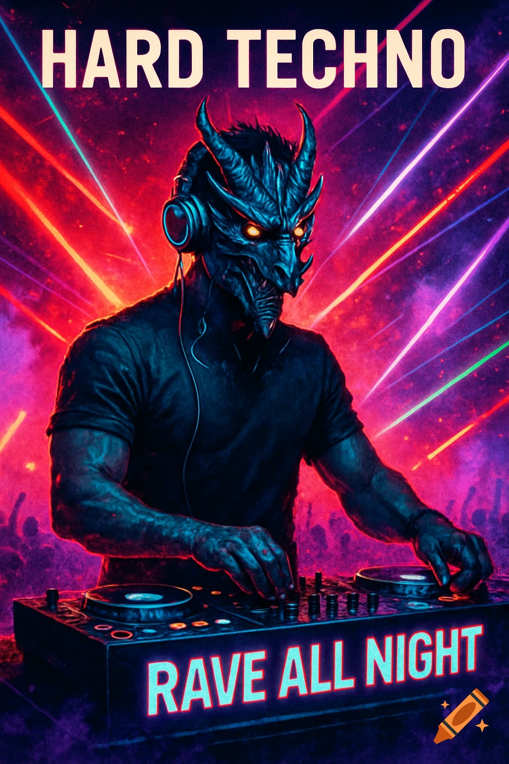 A dragon-masked DJ wearing headphones plays hard techno music at a vibrant neon-lit rave, with 'Rave All Night' on the deck.