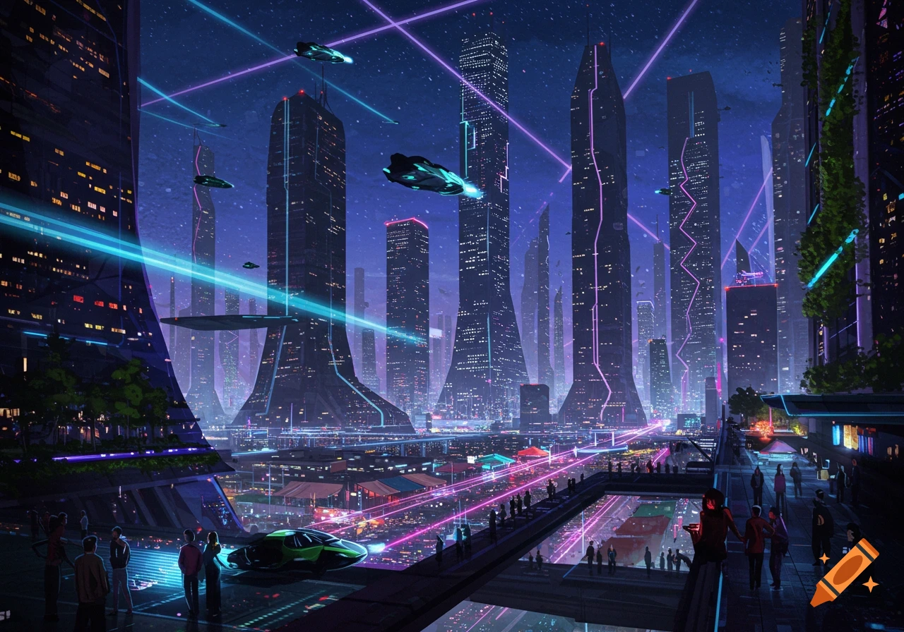 Vibrant futuristic city at night with towering skyscrapers, neon lights, flying vehicles, and bustling streets.