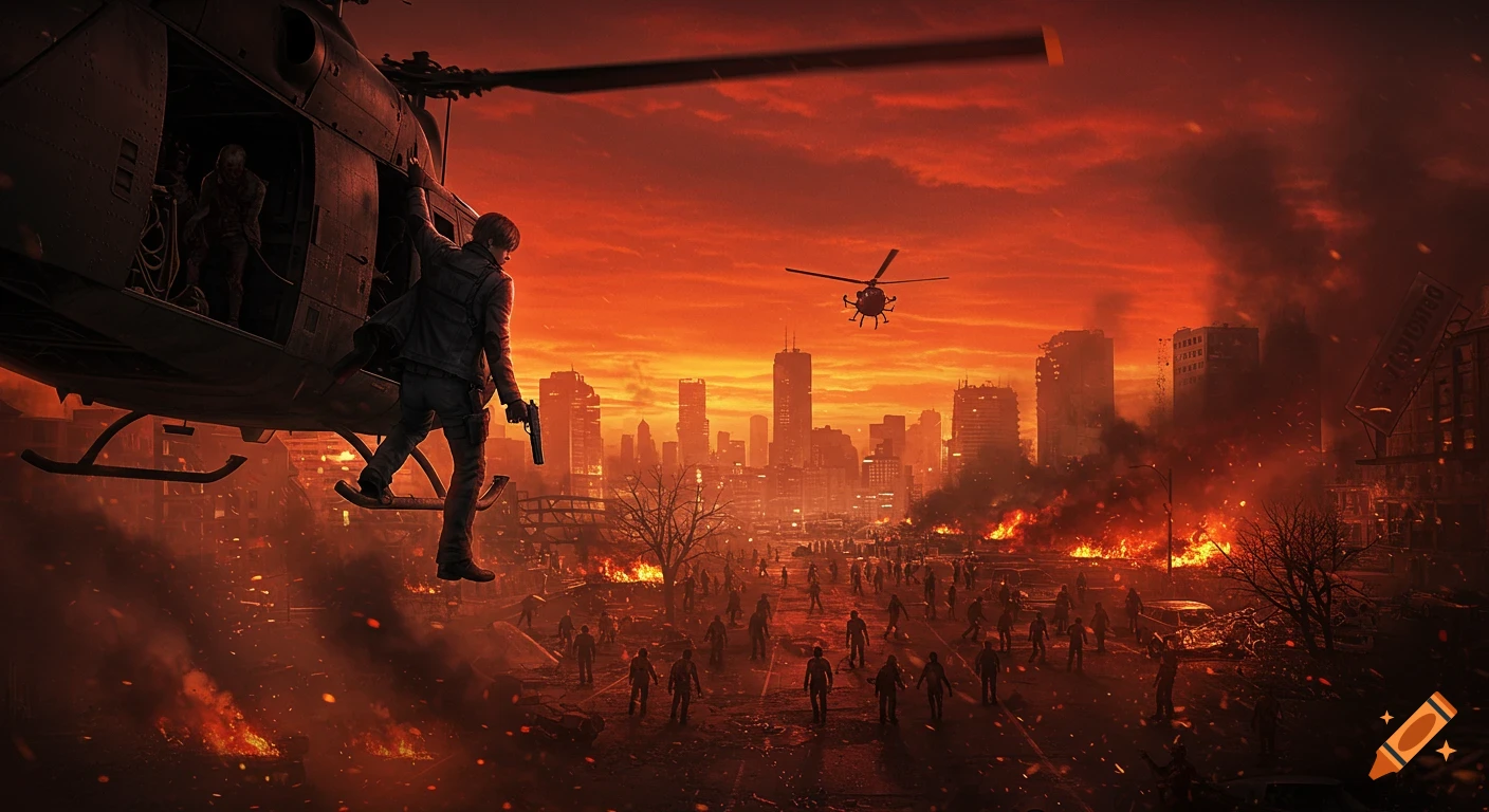 Leon from Resident Evil hangs from a helicopter over a burning, zombie-infested city with a fiery red sky.