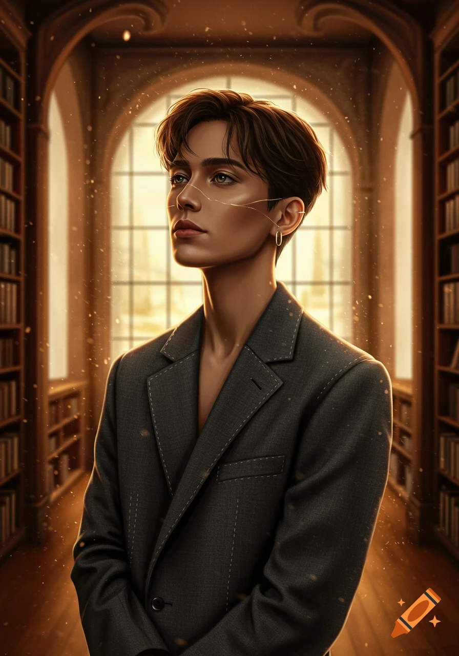 Stylized portrait of a young person with short brown hair and golden lines on their face, wearing a dark suit, standing in a grand library with sunlight streaming through a large window.