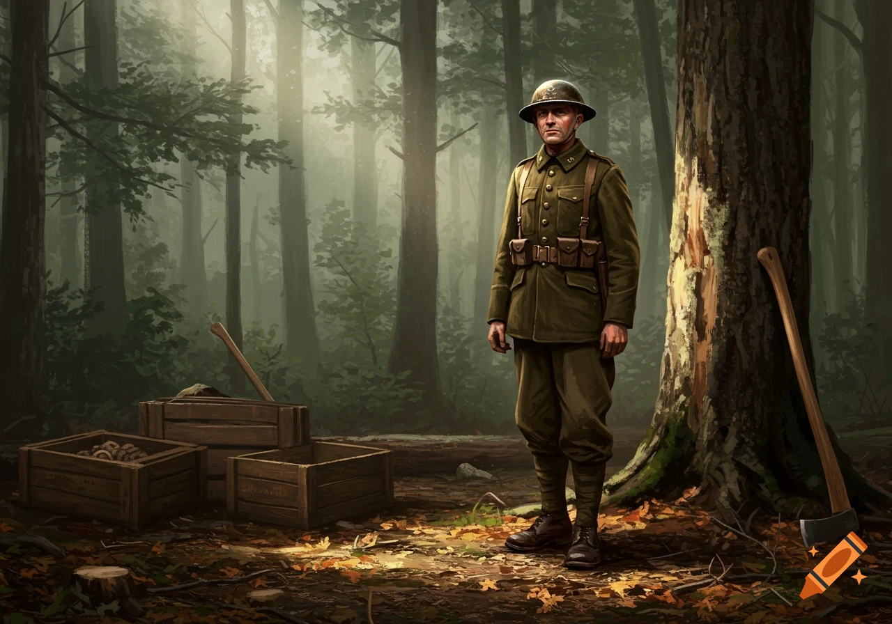 A WWI army man in uniform stands in a misty forest next to wooden crates and an axe.