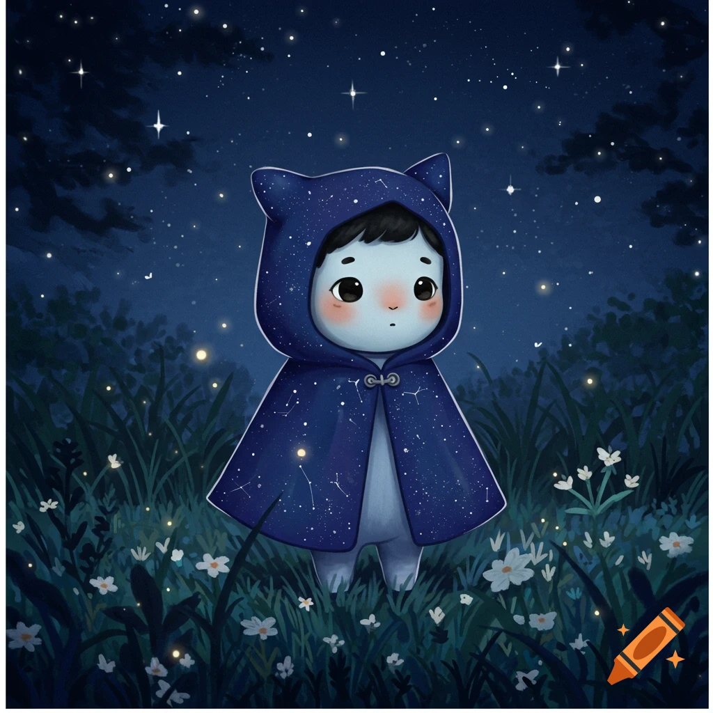 A cute, big-eyed character in a blue starry hooded cat-eared cloak stands in a magical forest under a starry night sky.