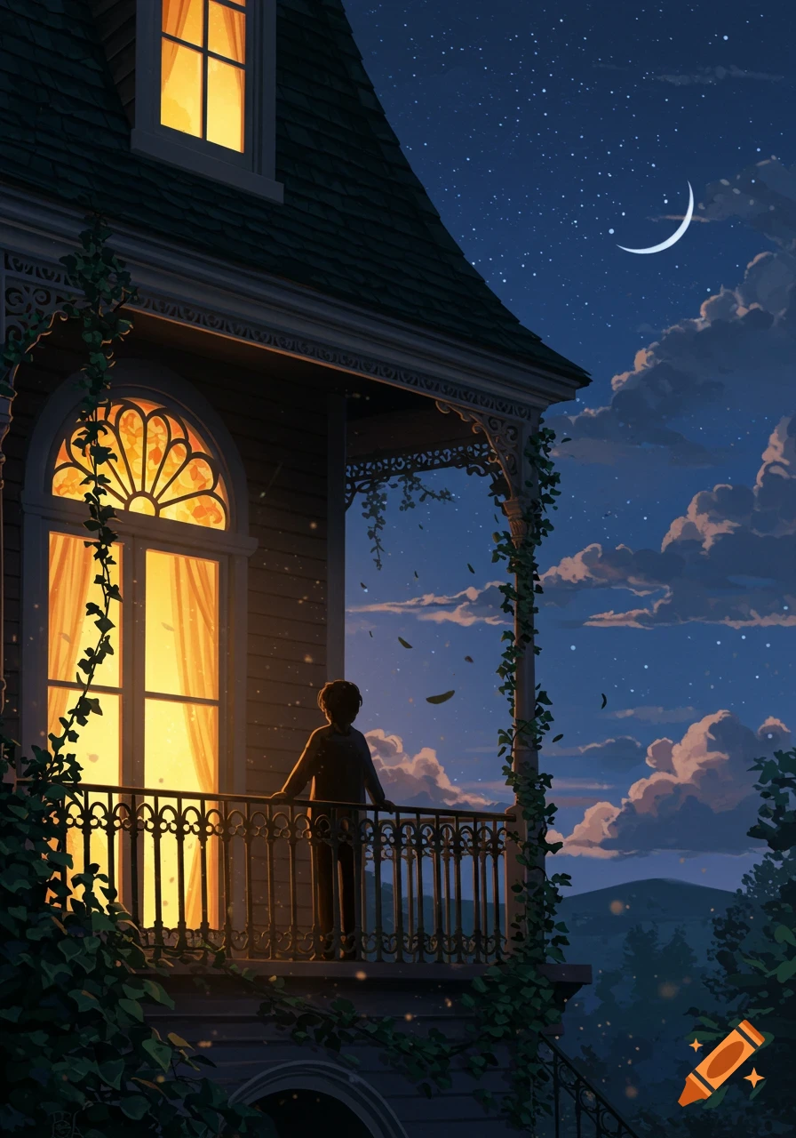 A serene illustration of a person on a balcony at night, gazing at the starry sky and crescent moon, warm light spilling from inside.