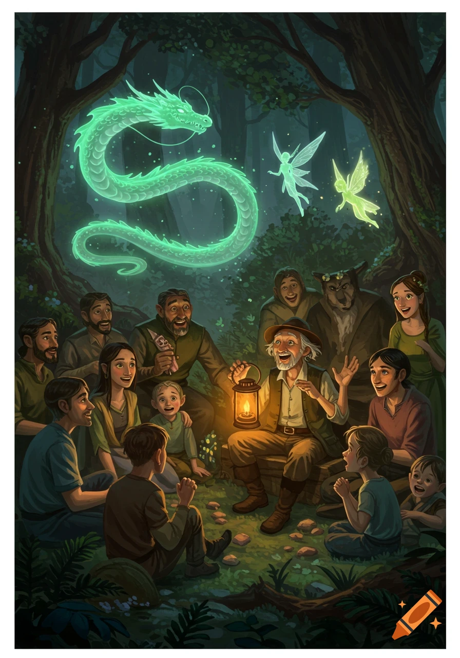 An old man tells stories by lantern light to a diverse group in a dark forest. A glowing green dragon and fairies float above them.