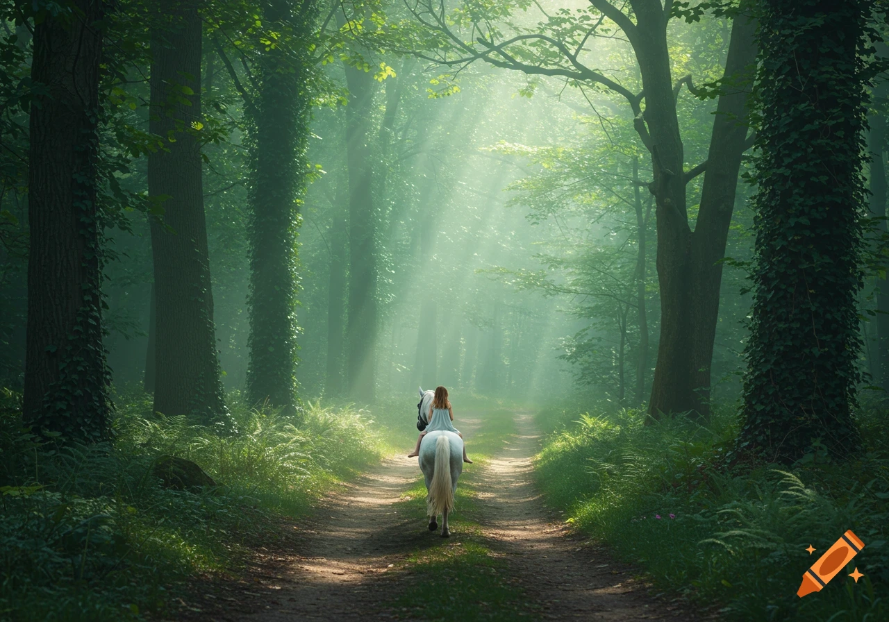 A little girl riding a white horse away on a dirt path through a sun-dappled, misty forest.