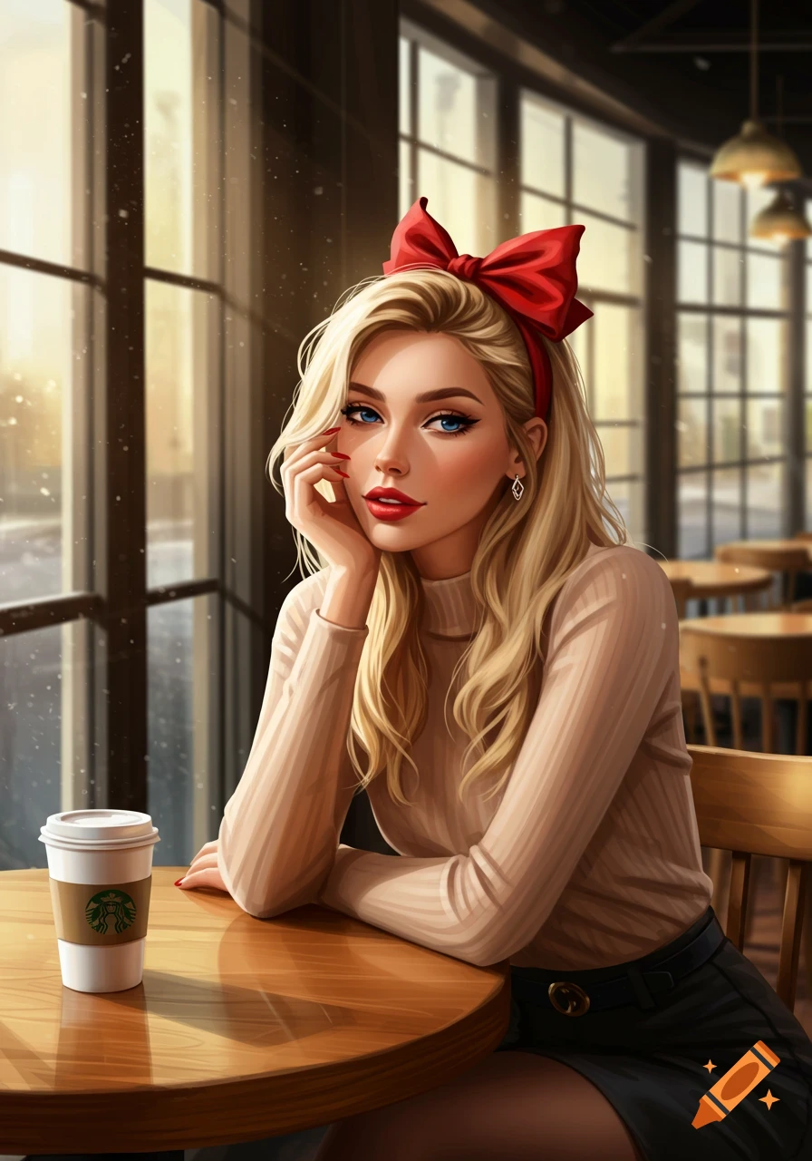 Digital art of a blonde woman with a red bow, sitting at a coffee shop table with a coffee cup.