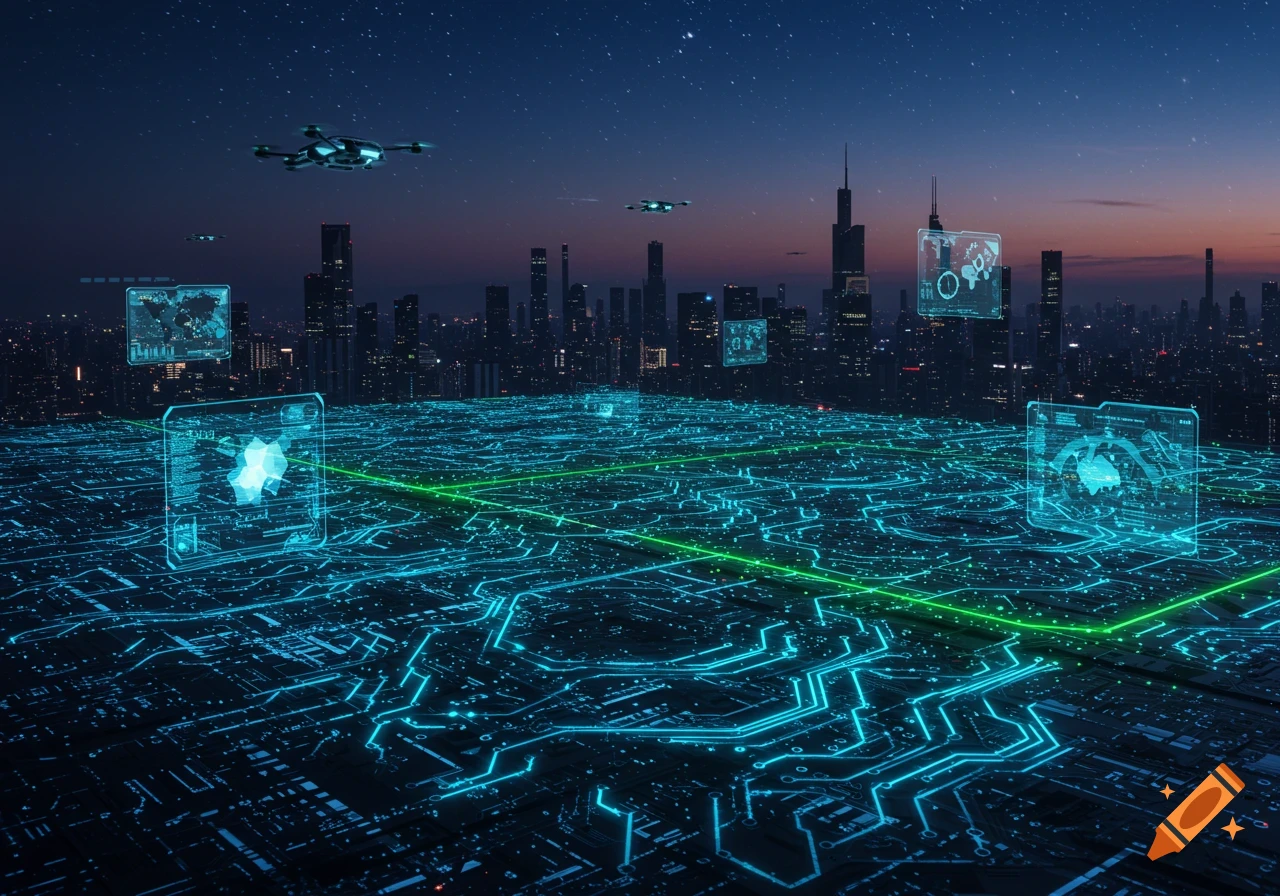 Futuristic city at night with a glowing circuit board landscape, drones, and holographic data screens under a starry sky.