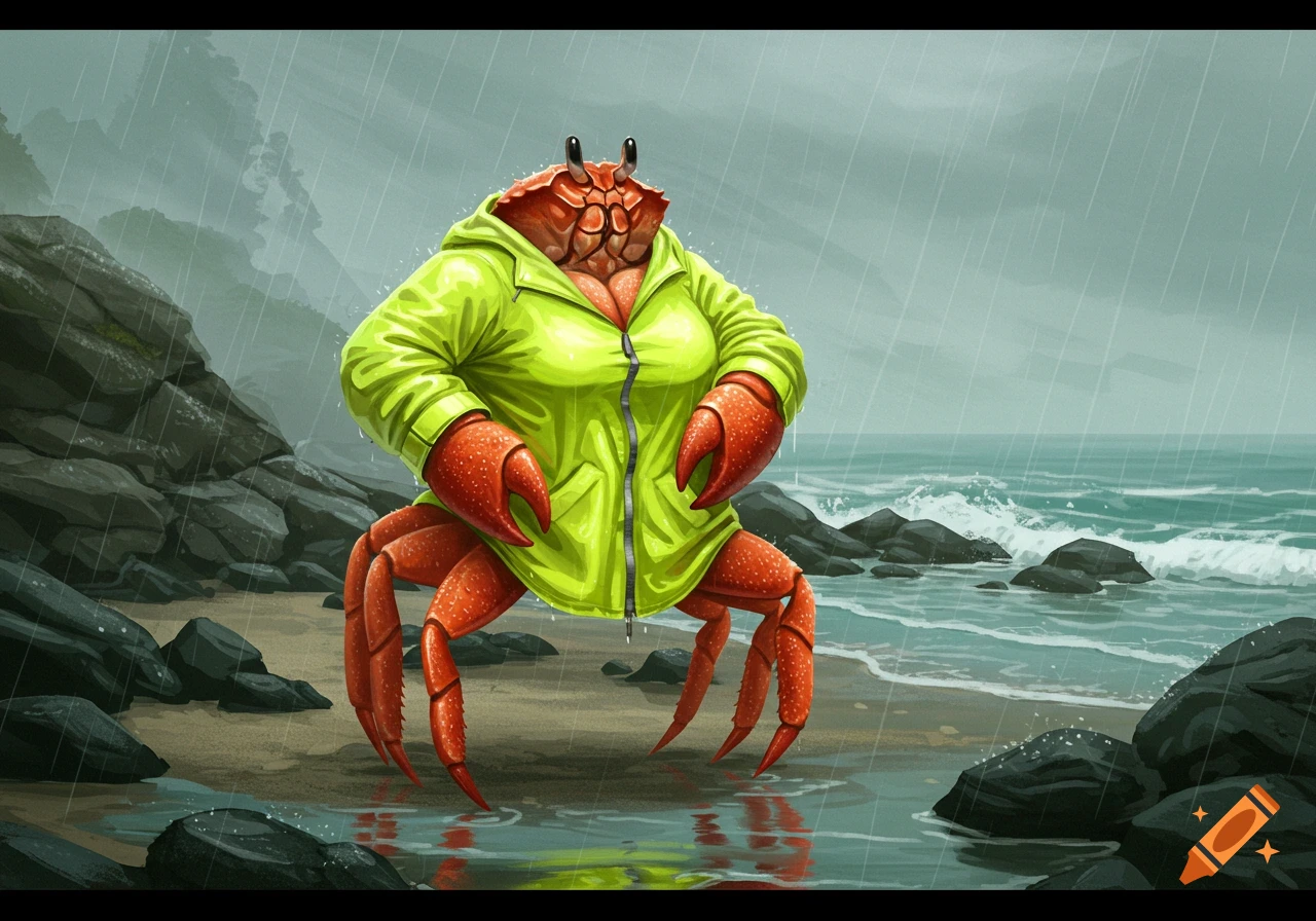 A cartoonish crab in a yellow raincoat stands on a rainy beach with rocks and ocean waves.