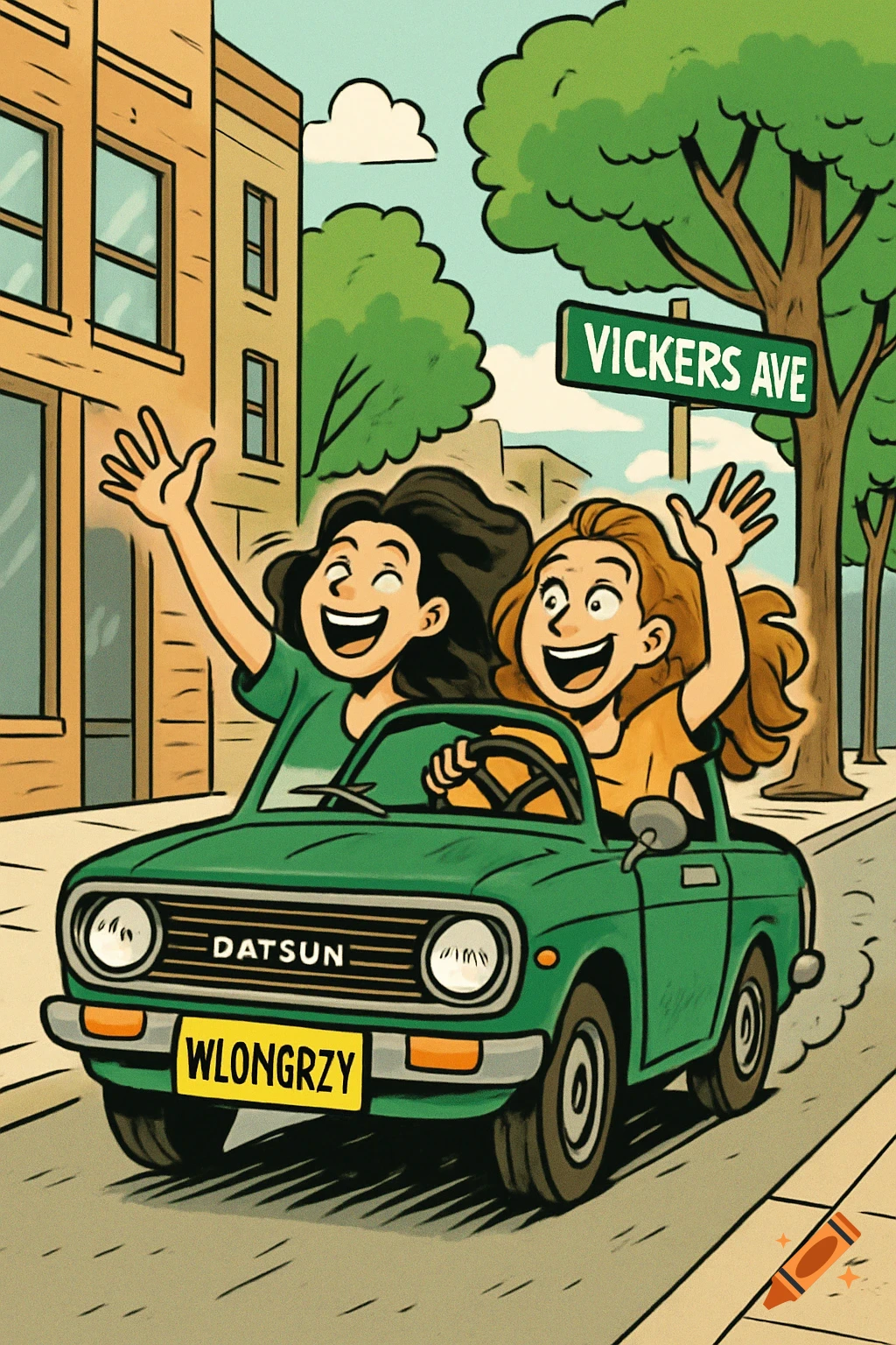 A cartoon of two happy women waving from a green Datsun car on a street with a "Vickers Ave" sign.