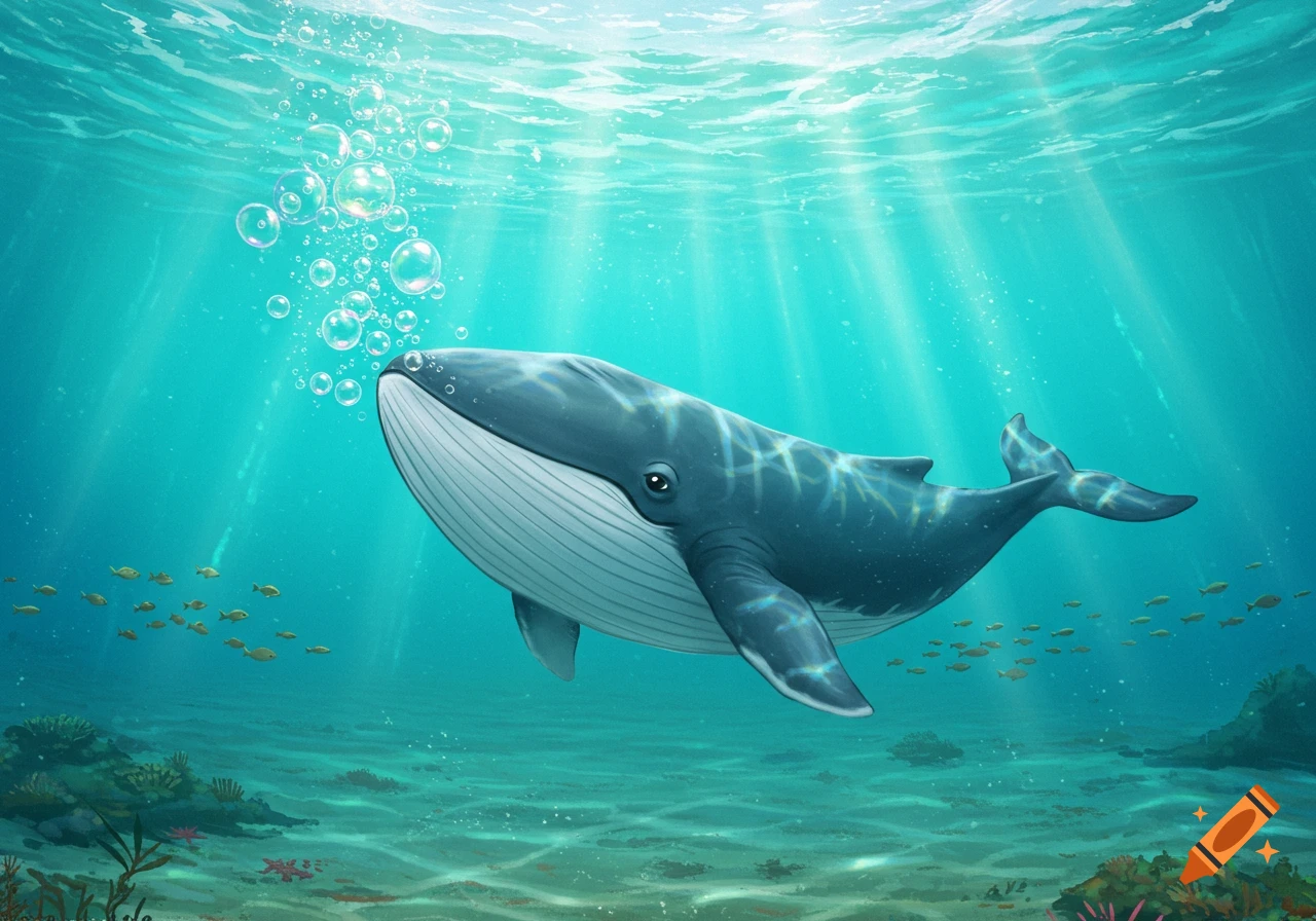 A cute blue whale swims underwater, blowing bubbles as sunlight streams through the turquoise water onto the sandy seafloor with small fish and coral.