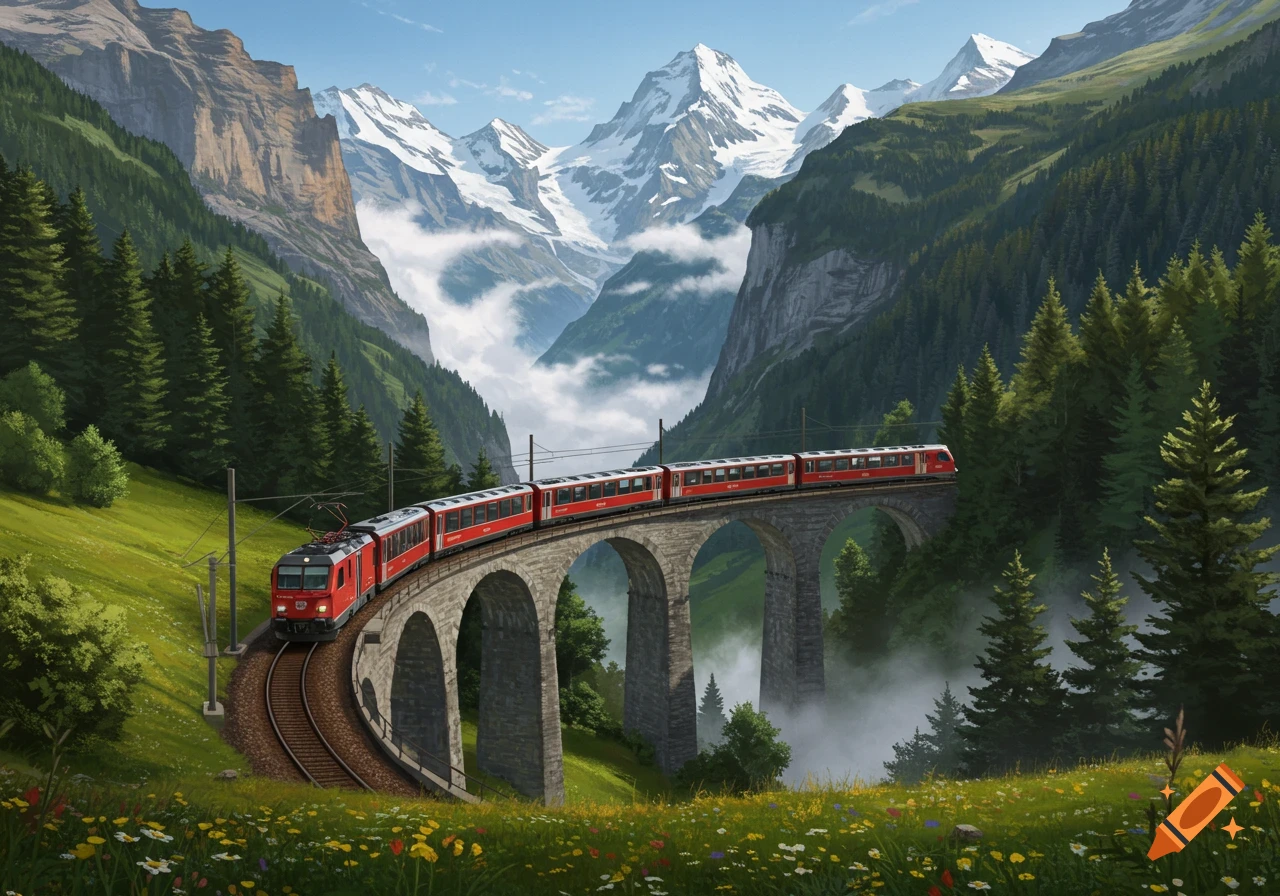 A red train crosses a stone bridge over a lush valley with pine forests and wildflowers, beneath towering snow-capped mountains.