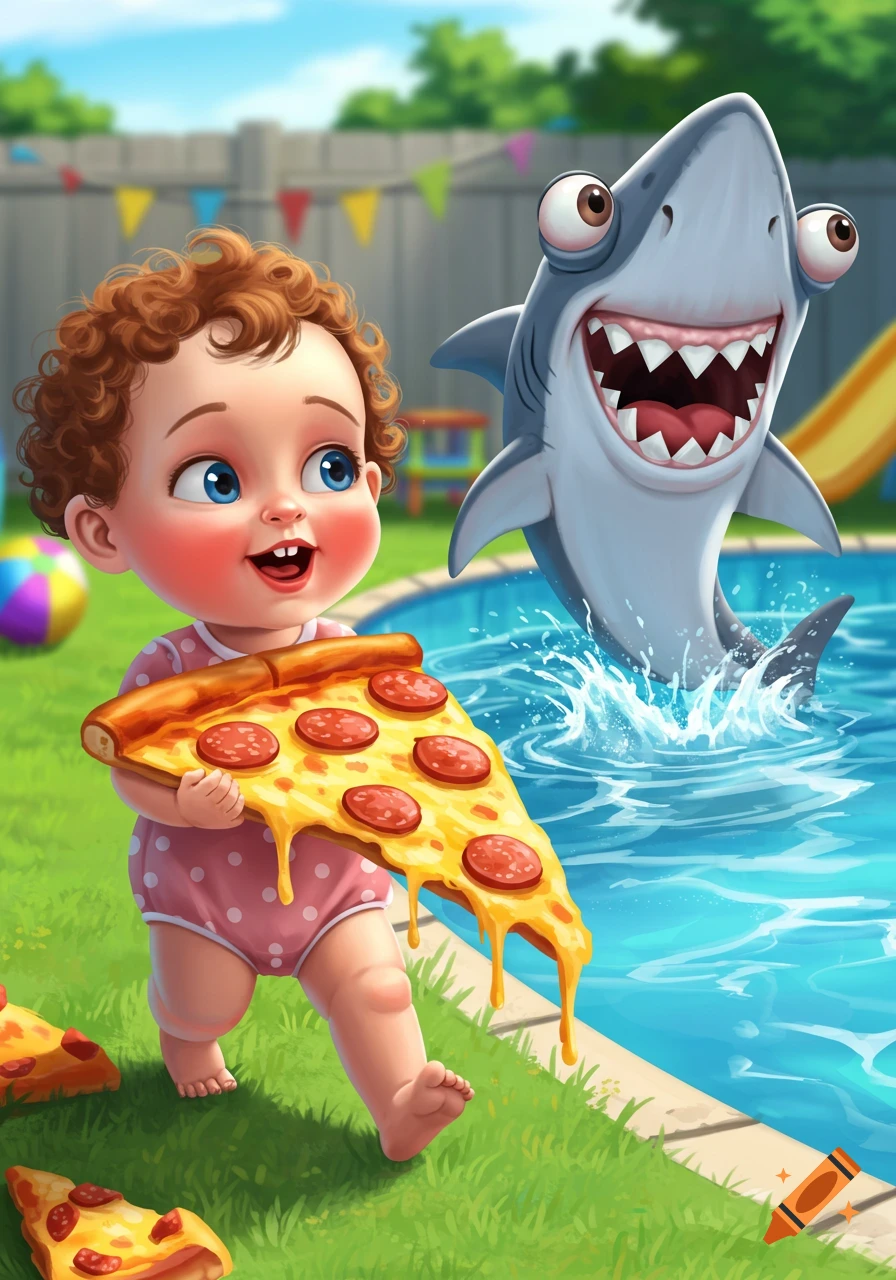 A cheerful cartoon baby holding a slice of pepperoni pizza walks by a pool, as a goofy shark leaps from the water behind them.