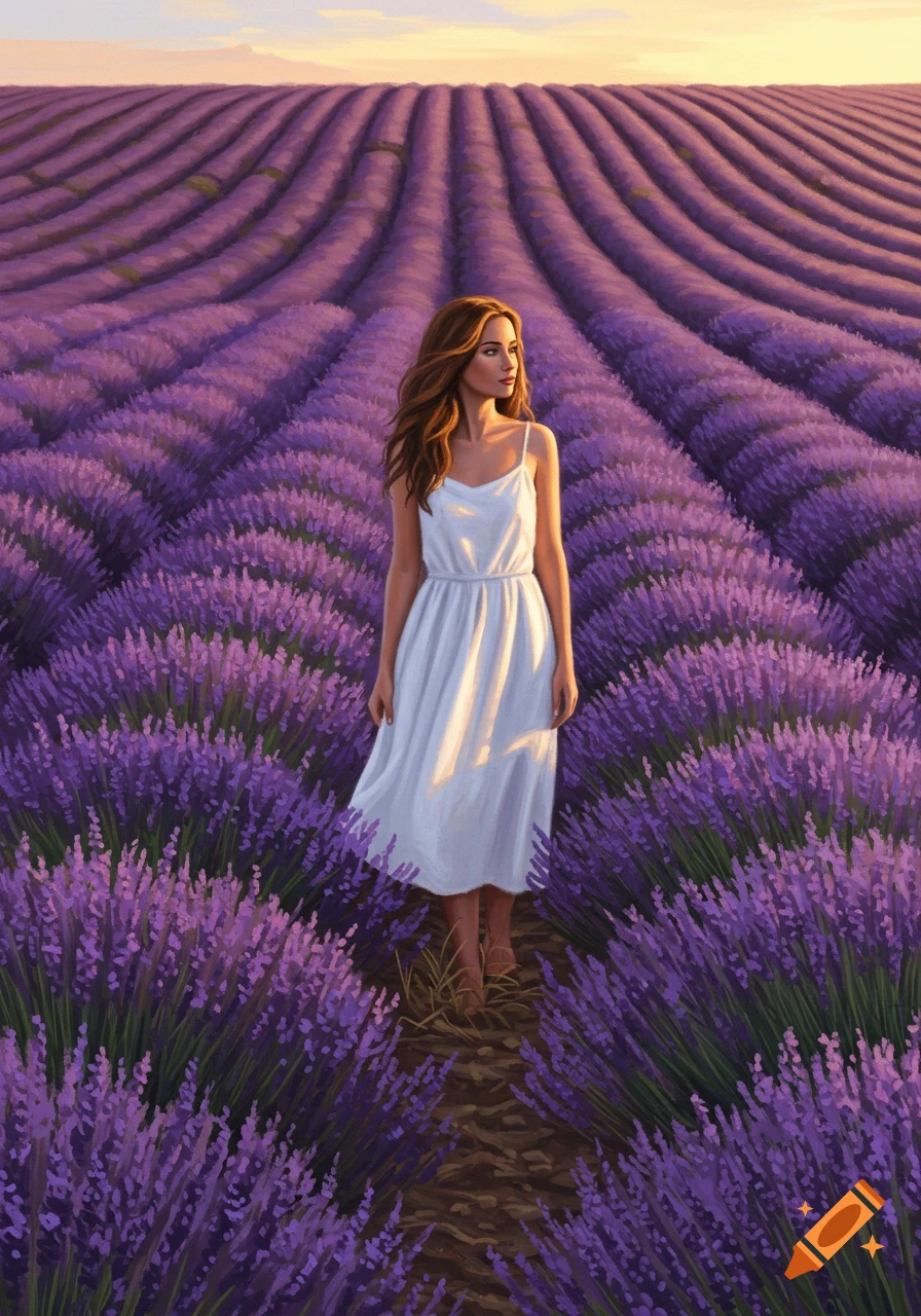 A woman in a white dress stands in a vast purple lavender field under a soft sky.
