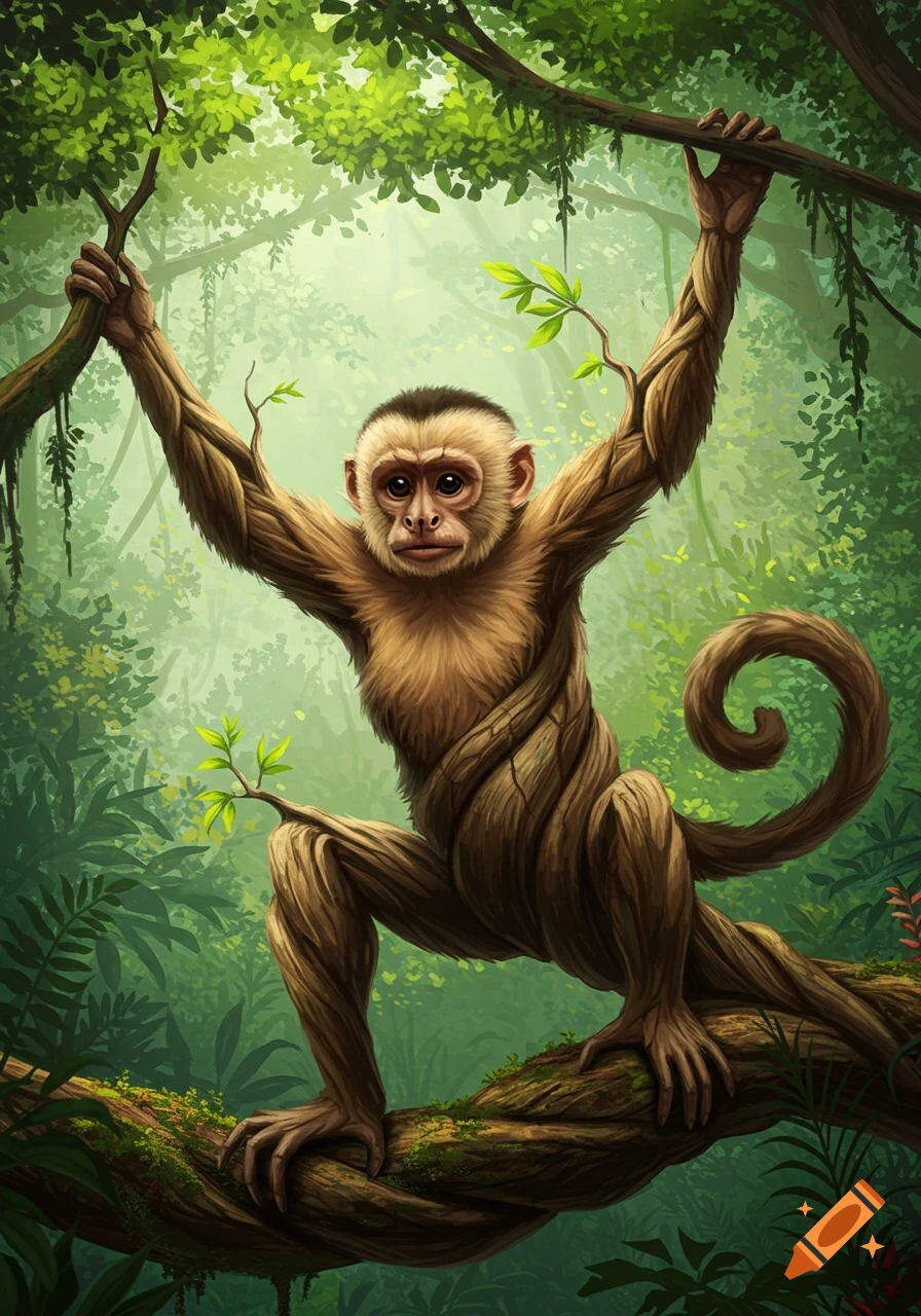 A whimsical illustration of a monkey with a body made of intertwined wood and leaves, hanging in a vibrant jungle.