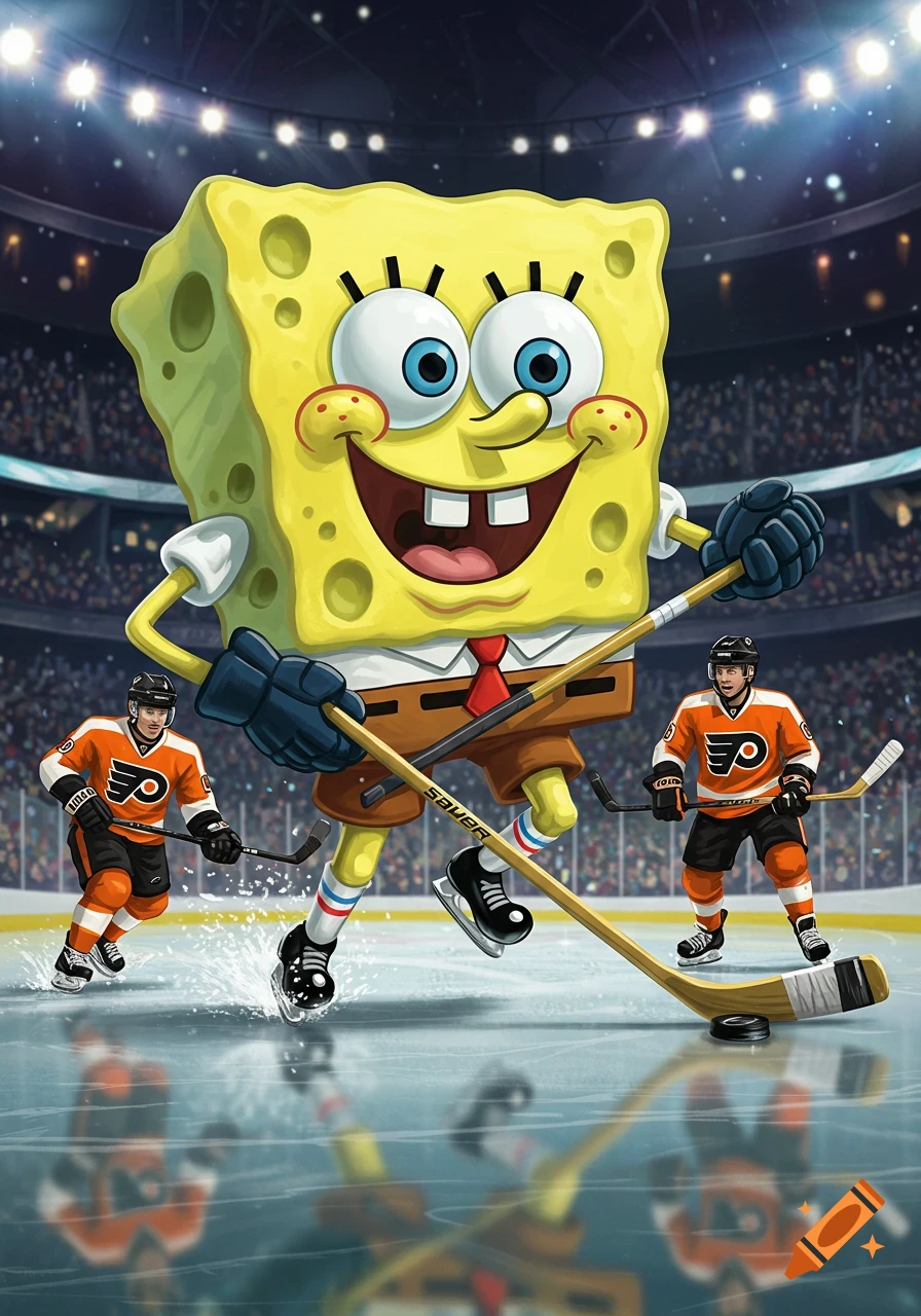 SpongeBob SquarePants, wearing ice skates and holding a hockey stick, plays hockey against two Philadelphia Flyers players in an arena.