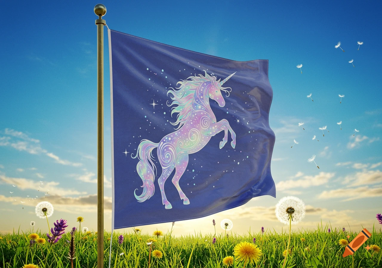 A dark blue flag featuring a colorful, rearing unicorn waves in a sunny green field with dandelions under a blue sky.
