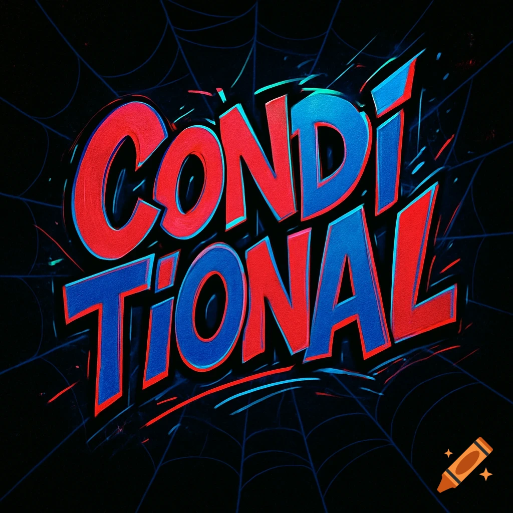 The word 'CONDITIONAL' in a red and blue comic book superhero font with neon outlines against a spiderweb background.